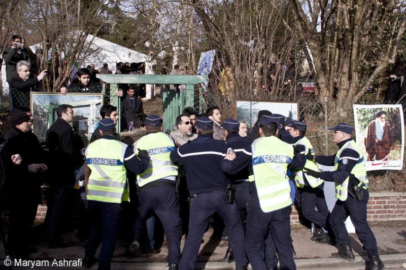 The Iranian ambassador in France Mehdi Mir Abu Talebi and his entourage as they are restrained by the French police at Neauphle-le-Chateau, on the outskirts of Paris, where the Ayatollah used to reside. The ambassador tried to confront the protesters on the day to commemorate the founder of the Islamic Revolution Ayatollah Khomeini’s return to France on January 31, 1979. 