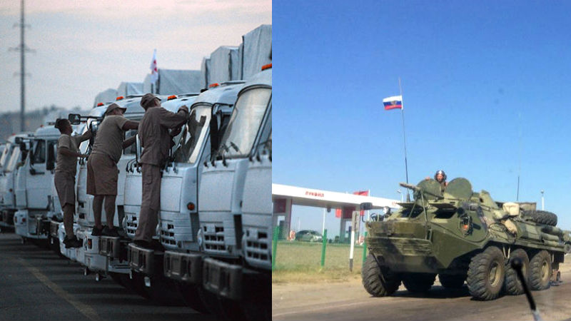 As the humanitarian convoy lingers on the border, Russian APCs roll into Ukraine. Images mixed by author.