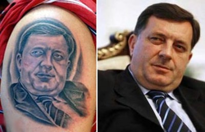 Bosnian Serb politician Dodik's face as tattoo and model photograph. 