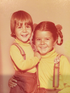 Christina and her brother with Mork & Mindy pins on their suspenders.  September 1979. Photo from author. Used with permission. 