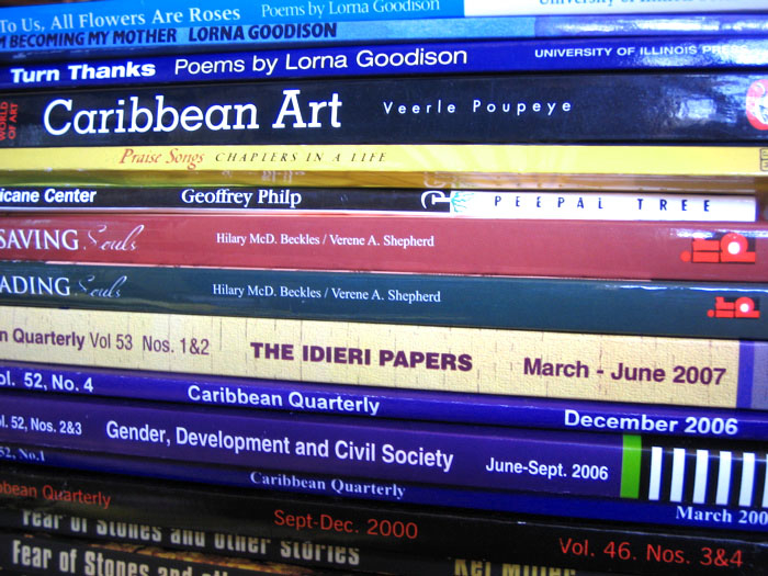 Books from Jamaica, in which Veerle Poupeye's "Caribbean Art" is near the top of the heap. Photo by Nicholas Laughlin, used under an CC BY-NC-SA 2.0 license. 
