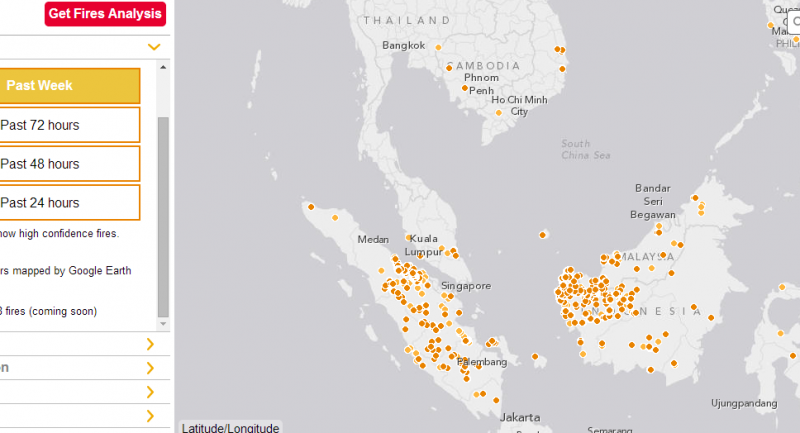 Screenshot of the online map showing forest fire cases in Southeast Asia