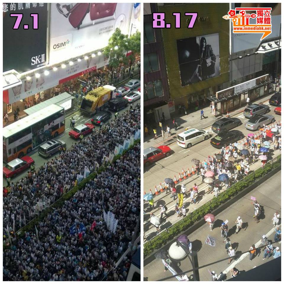 Photos comparing the number of protesters of the 2014 July 1 pro-democracy rally and 2014 August 17 pro-government rally. Photo from inmediahk.net's Facebook.