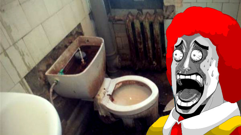 Ronald McDonald would probably be horrified at this dysfunctional bathroom at a Russian hospital. Images mixed by author.