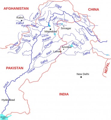 The Indus river system, which flows in North of India and Pakistan is formed by major rivers of Indus, Jhelum, Chenab, Ravi, Beas and Sutlej. Image from Wikipedia by kmhkmh. CC By 3.0