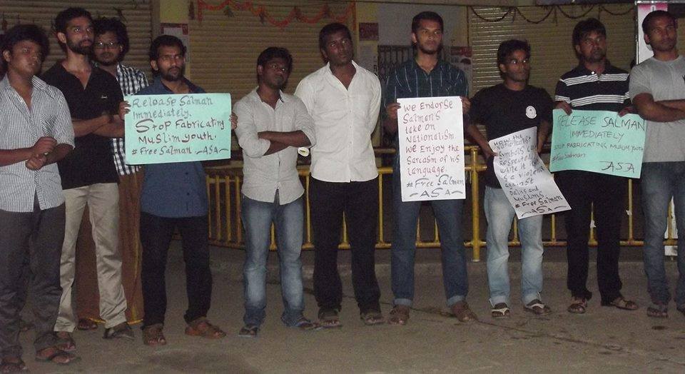 Students at HCU Hyderabad protesting the arrest of Salman. Used with Permission.