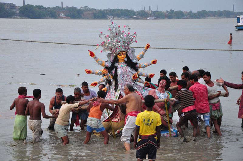 One of the idols of Devi Durga is ready for immersion on the Ganga river in Kolkata. Image by Suman Mitra. Copyright Demotix (14/10/2013)