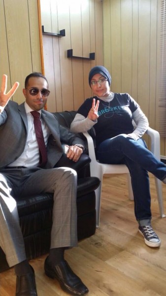 Maryam Al Khawaja with her lawyer Mohammed Al Jishi after her release from prison in Bahrain last night. Source: @Mohamed_Aljishi