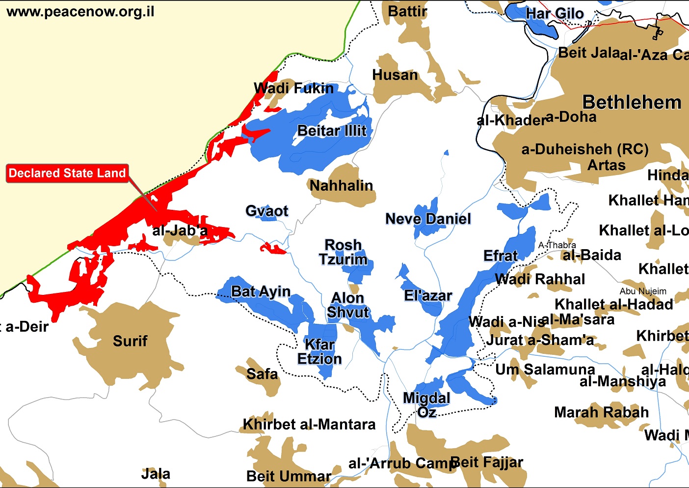 Map of West Bank area West of Bethlemen showing Israeli settlements (blue), Palestinian villages and towns (brown) and the area declared as State Land (red). (Peace Now)