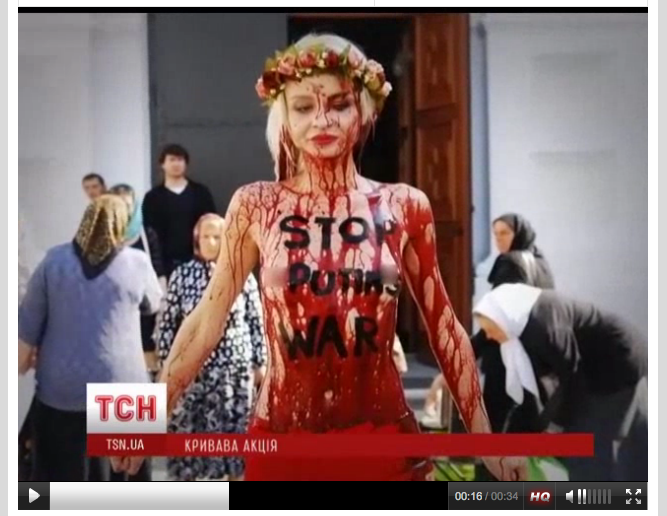 A FEMEN activist protesting against war in Ukraine. Screenshot courtesy of tsn.ua.