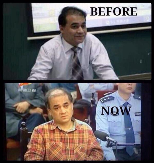 Maya Wang posted  two photos comparing the outlook of Ilham Tohti before and after the detention on Twitter.