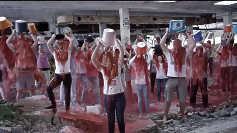Can this blood bucket challenge video make the Ukrainian cause go viral? Screenshot from YouTube.com.