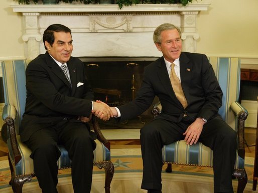 Ben Ali meets with George W. Bush in Washington, DC, 2004. Photo by Paul Morse, released to public domain.