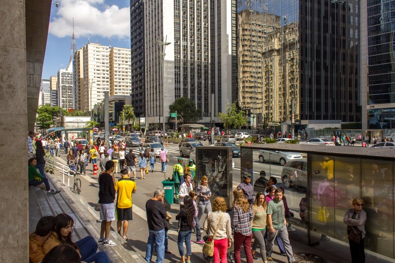 Av. Paulista, Sao Paulo's main avenue, on a unusual, busy Sunday -- typical of elections day.