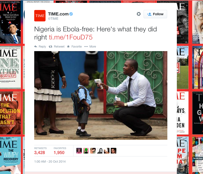 A screenshot of TIME magazine's tweet about Nigeria's containment of the Ebola virus. 