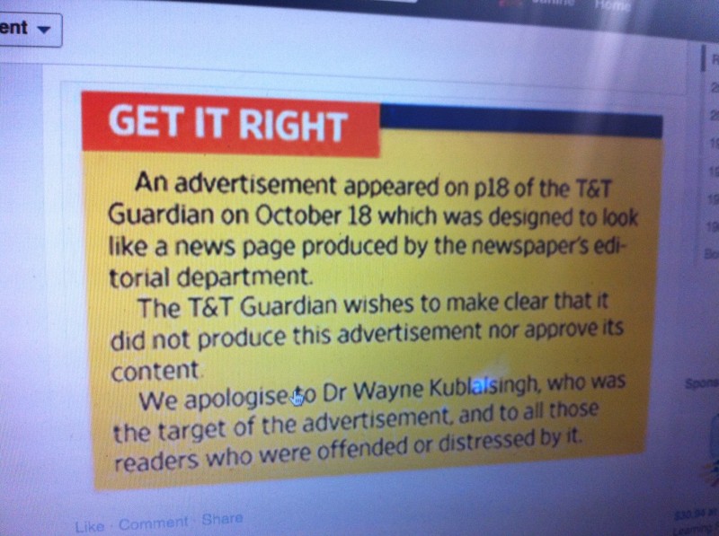 The newspaper's official apology for running the anti-Kublalsingh ad. Photo of the apology as it was being circulated on Facebook; used with permission. 
