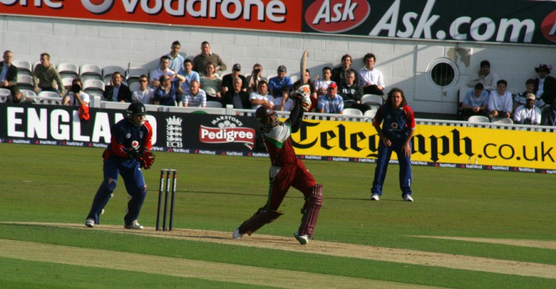 West Indies at bat during a Twenty20 International cricket match; photo by Rich Bee, used under a CC BY-NC-SA 2.0 license. 
