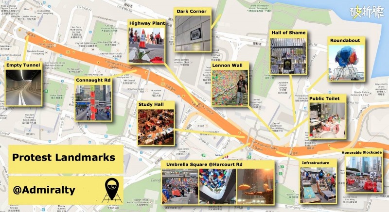Major landmarks in Admiralty protest site. Image created by DASH.