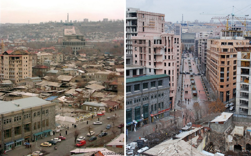 Left image: View of the low income housing prior to their demolition. Tamanian’s Opera house and the Mother Armenia statue are visible in foreground. Image credit: HovoYerevan Right image: Same view in 2013 after the opening of Northern Avenue. Image credit: Hayk Bianjyan.