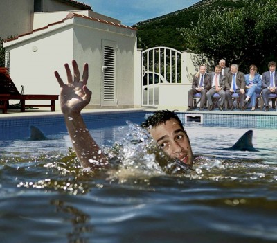 Sacked Defence Minister Irakli Alasania is shown swimming for his life while politicians from the ruling Georgian Dream coalition look on