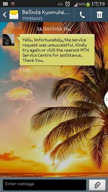 A screenshot of  MTN customer's phone Belinda Kyomuhendo saying the service request was unsuccessful. Image used with permission. 