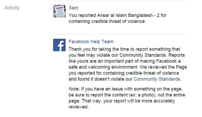 Screenshot of Facebook's reply.