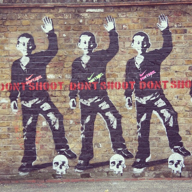 Graffiti in London, England in support of the Ferguson, Missouri protests. Image widely circulated on the Internet. 