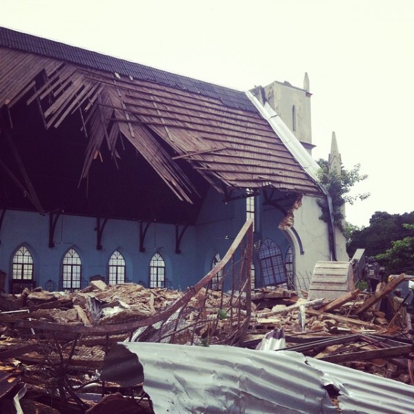 A demolished portion of the historic Greyfriars Presbyterian Church in Port of Spain, Trinidad. The church was built in the 1800s. Photo by Joshua Lue Chee Kong, used with permission. 