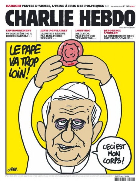 -The pope is going too far!  -This is my body! Image from Charlie Hebdo's Facebook page.