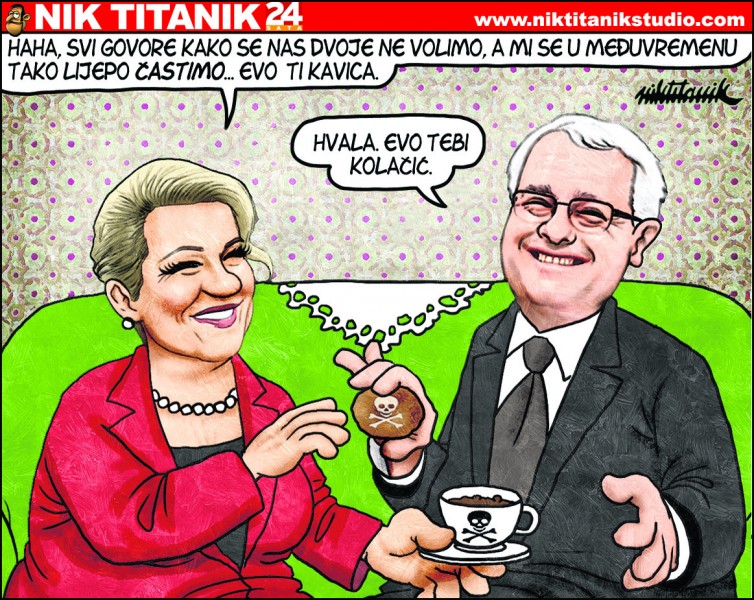 Kolinda Grabar Kitarović: "Hahaha, everybody is saying that we don't get along, and in the meantime, we're treating ourselves.”  Ivo Jospović's reply: "Thank you! Here, have a cookie!” Cartoon by Nik Titanik, republished with permission.