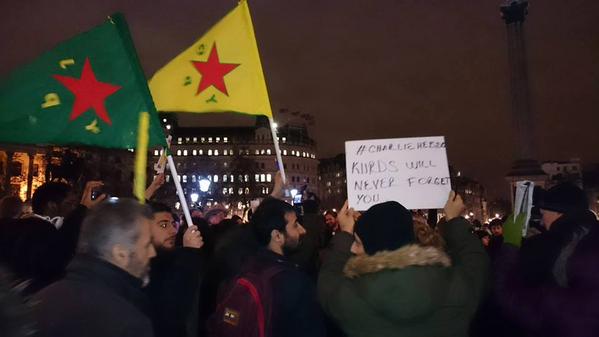 Photo uploaded by Twitter user @Hevallo Kurds in Paris tonight in solidarity with #CharlieHebdo #JeSuisCharlie #TwitterKurds 