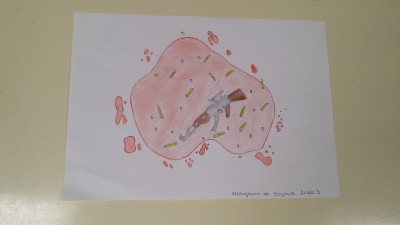 A drawing by a student showing a rifle surrounded by blood stream in the shape of a heart - via Sarra Abrougui