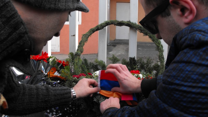 A wreath is laid outside the Armenian embassy in central Tbilisi. Photo by Joseph Smith.