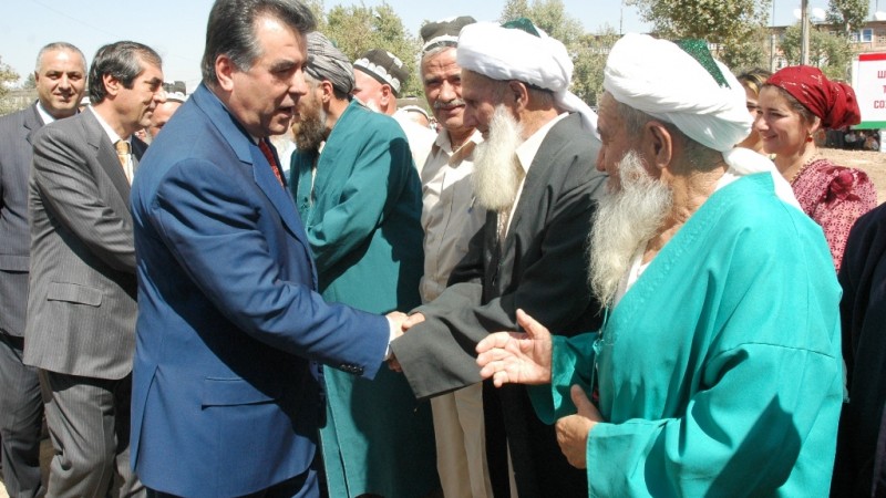 Tajik President Emomali Rahmon meets with elders during a working trip. Wikipedia image.