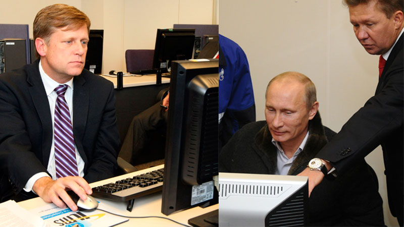 Michael McFaul, left, and Vladimir Putin, right. Images edited by Kevin Rothrock.
