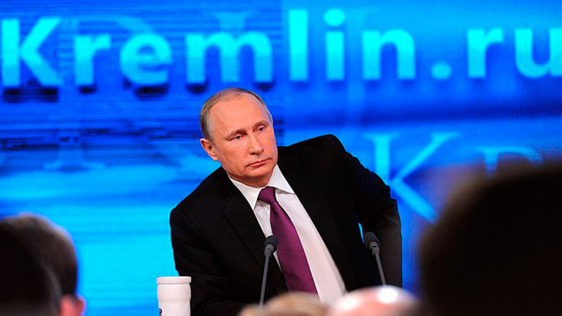 Vladimir Putin at a press conference on December 18, 2014. Kremlin press service, public domain.