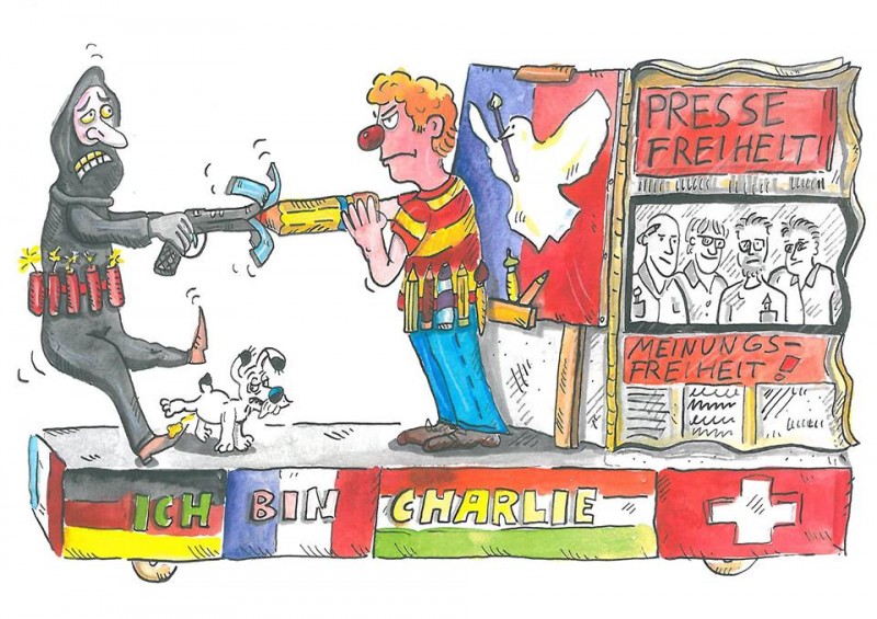 Diseño original de la carroza de Charlie Hebdo. Imagen por cortesía de la página de Kölner Karneval en Facebook.