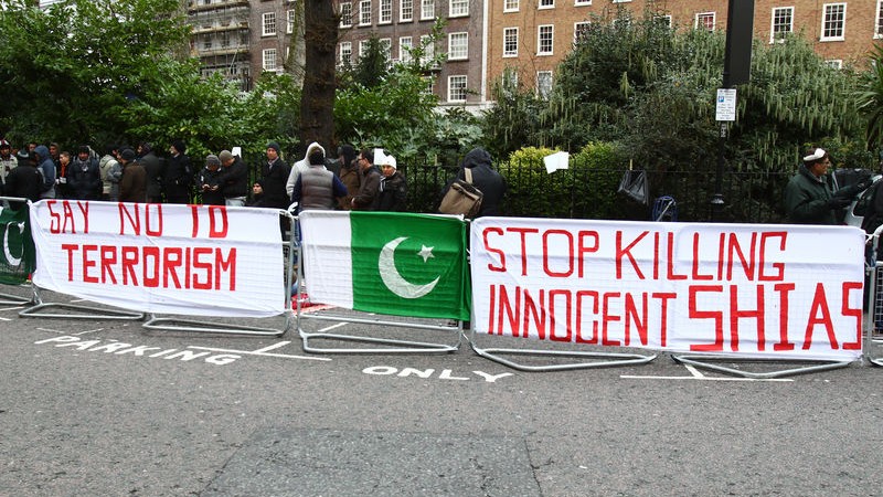 STORY SUMMARY Protesters gather outside the Pakistani High Commission in London to demand action against sectarian killings in Pakistan. Image by Rob Pinney. Copyright Demotix (12/1/2013)