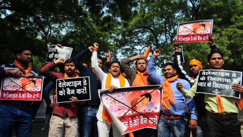 Hindu Sena Activist Protest in New Delhi Against Valentine's Day. Image by Arjun Panwar. Copyright Demotix (12/2/2015) 