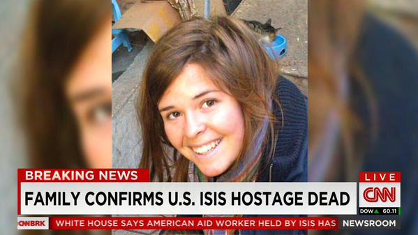 CNN announces that the US has confirmed that ISIS captive Kayla Mueller is dead. Photograph shared by @AdhamEtoom on Twitter
