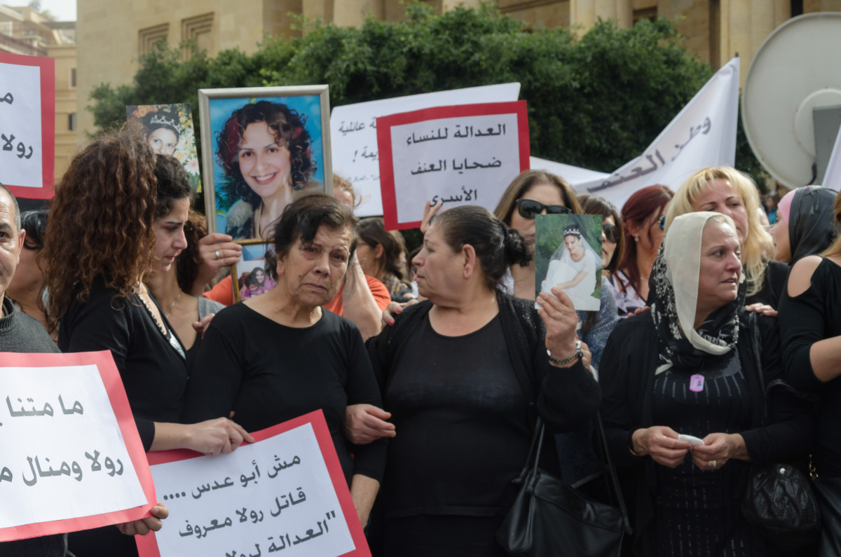 Mothers and loved ones of victims of domestic violence at an anti-domestic violence protest organize by KAFA last summer. Photo by Cynthia Ghoussoub