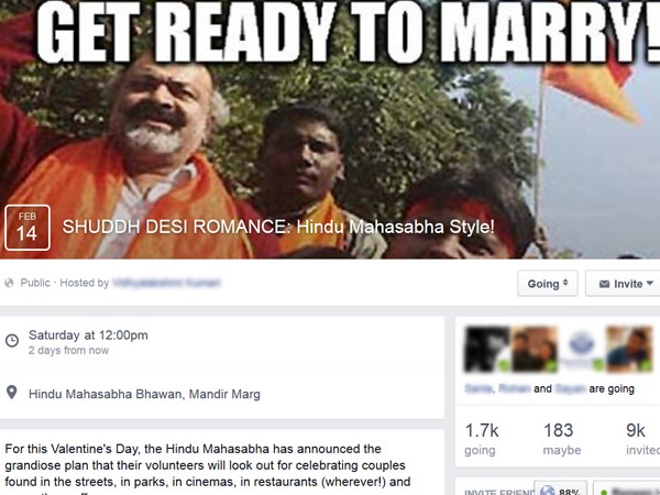 "SHUDDH DESI ROMANCE: Hindu Mahasabha Style!" a  protest against Hindu Mahasabha's plan to marry off couples wishing "I love you" on social media or in public