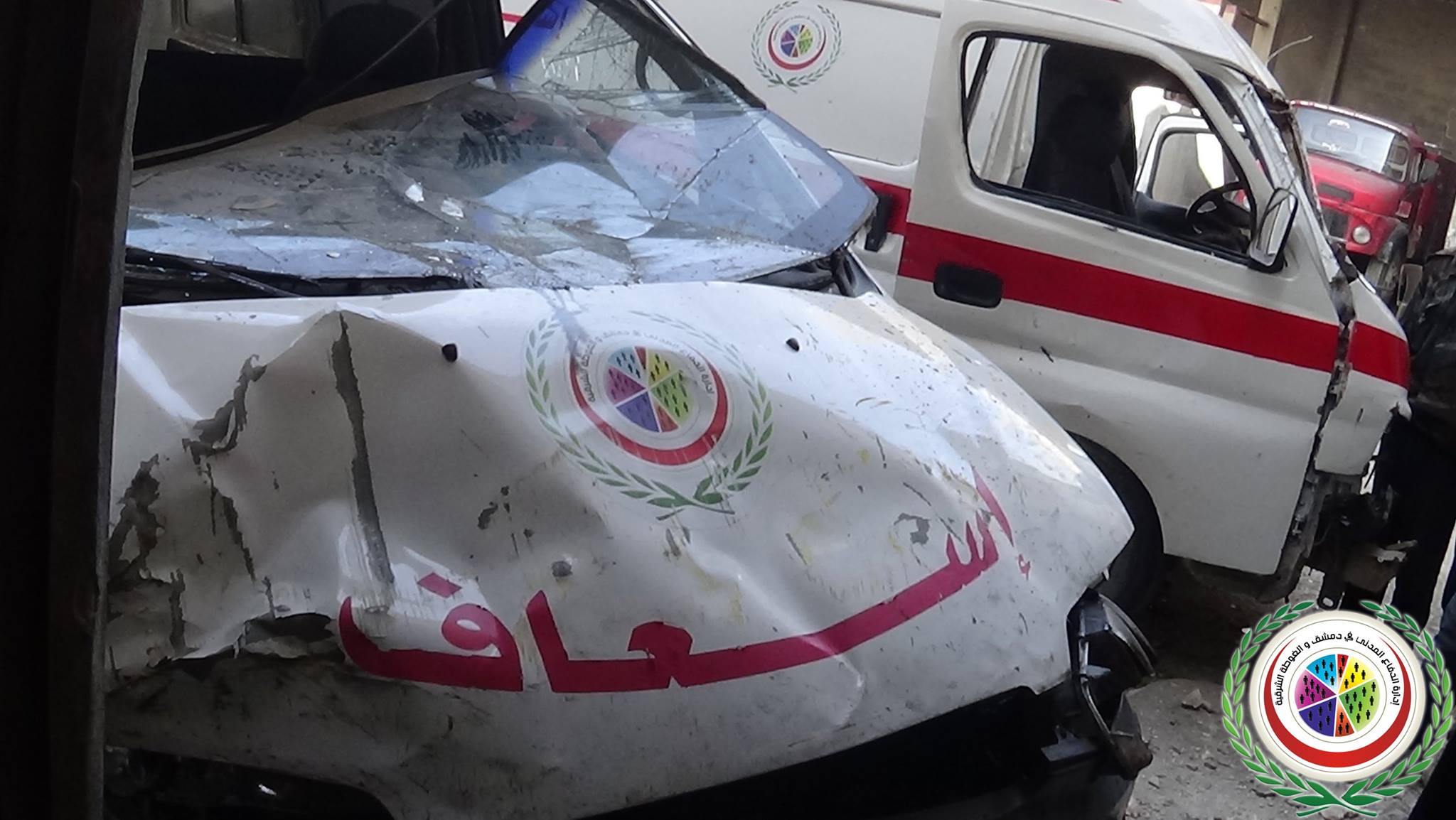 Ambulances in Douma were reportedly targeted and destroyed by government forces on February 5 Photo source: Damascus Media Center  Facebook Page]