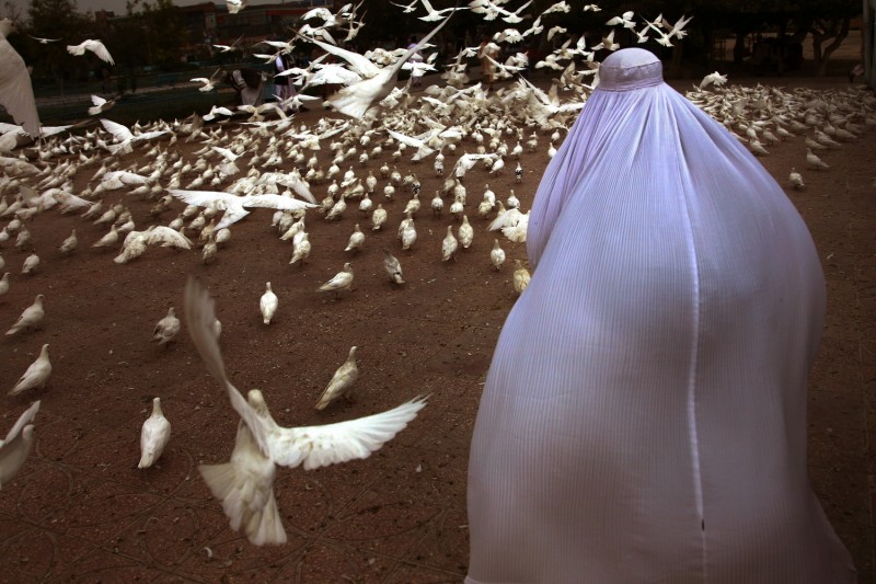 Afghanistan. 25th August 2009 -- A woman in “Borghaa”, Burqa, or Chador [Traditional hijab for women in Afghanistan] is passing through the pigeons in the main square of Mazar-e Sharif City in Afghanistan. Demotix ID: 247626.