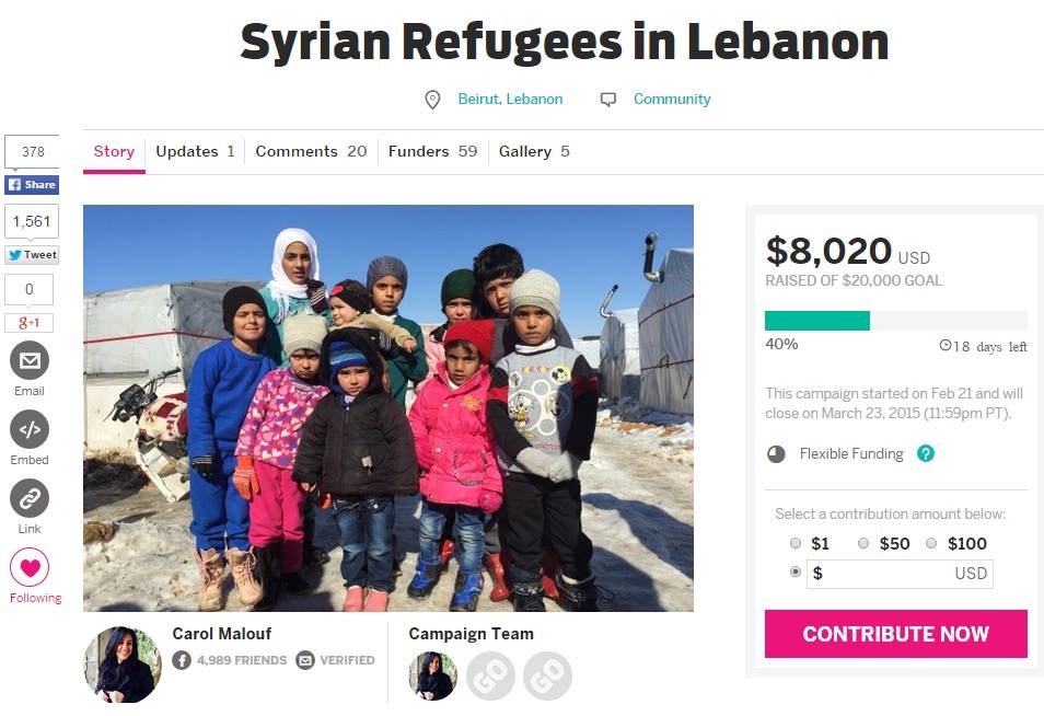 Screenshot of the ongoing IndieGogo by 'Lebanese for Refugees'
