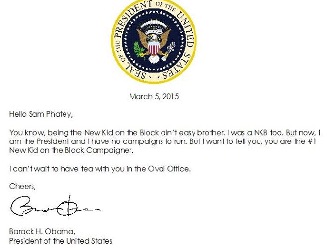 Une capture d'écran de Sam Phatey page Facebook de "lettre d'invitation" d'Obama à un citoyen gambien Sam Phatey.