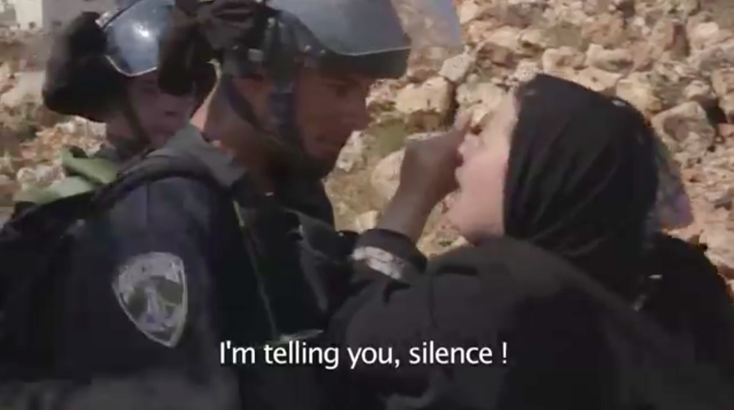 Screenshot from 'Discarding Gaza showing a Palestinian mother confronting an IDF soldier.