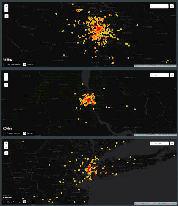 Density of geolocated tweets about Putin and Poroshenko for Moscow (top), Kyiv (middle) and New York (bottom), from October 12 to November 30, 2014. 