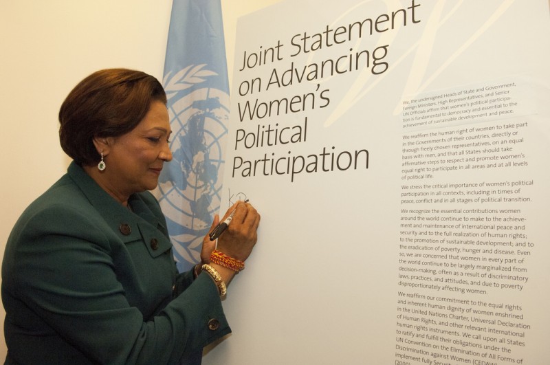 In what must now seem quite ironic, Trinidad & Tobago's Prime Minister, Kamla Persad-Bissessar, signs a Joint Statement on Advancing Women’s Political Participation. Photo Credit: UN Women/Catianne Tijerina, used under a CC BY-NC-ND 2.0 license.  