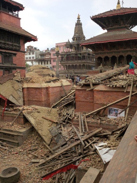 Only Krishna Mandir and Taleju Temple left standing in Patan Square. Image by Kunda Dixit. Used with permission